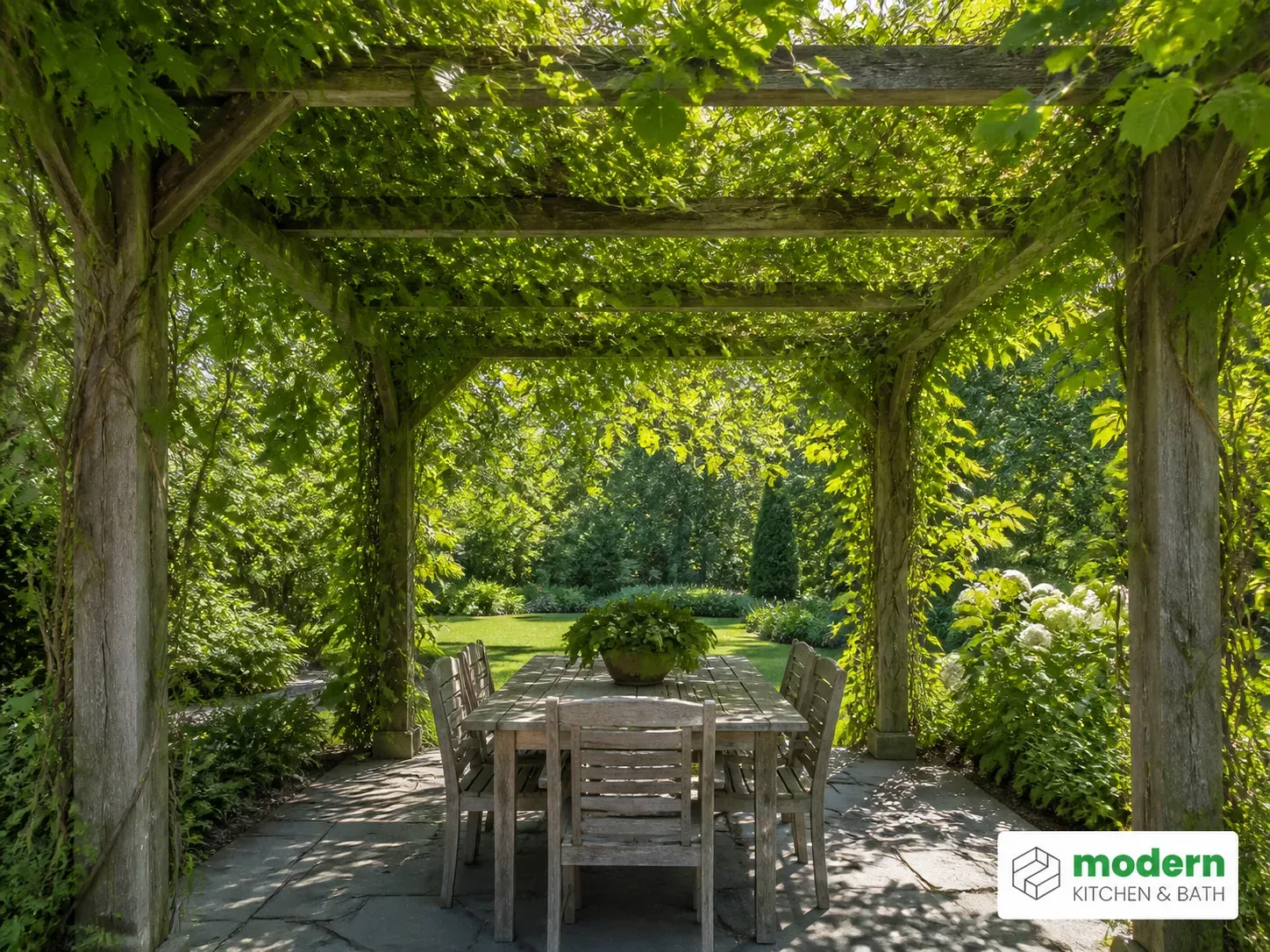 Climbing vines forming a living green canopy over a wooden pergola