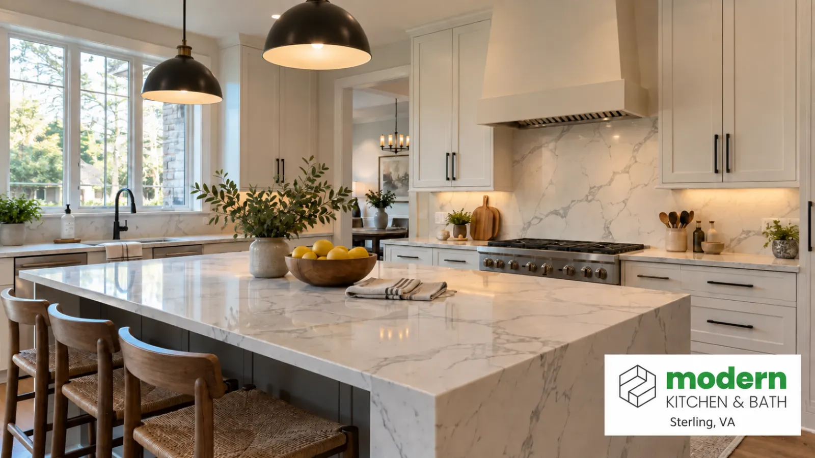 New quartz kitchen countertops and island installed in a Northern Virginia home