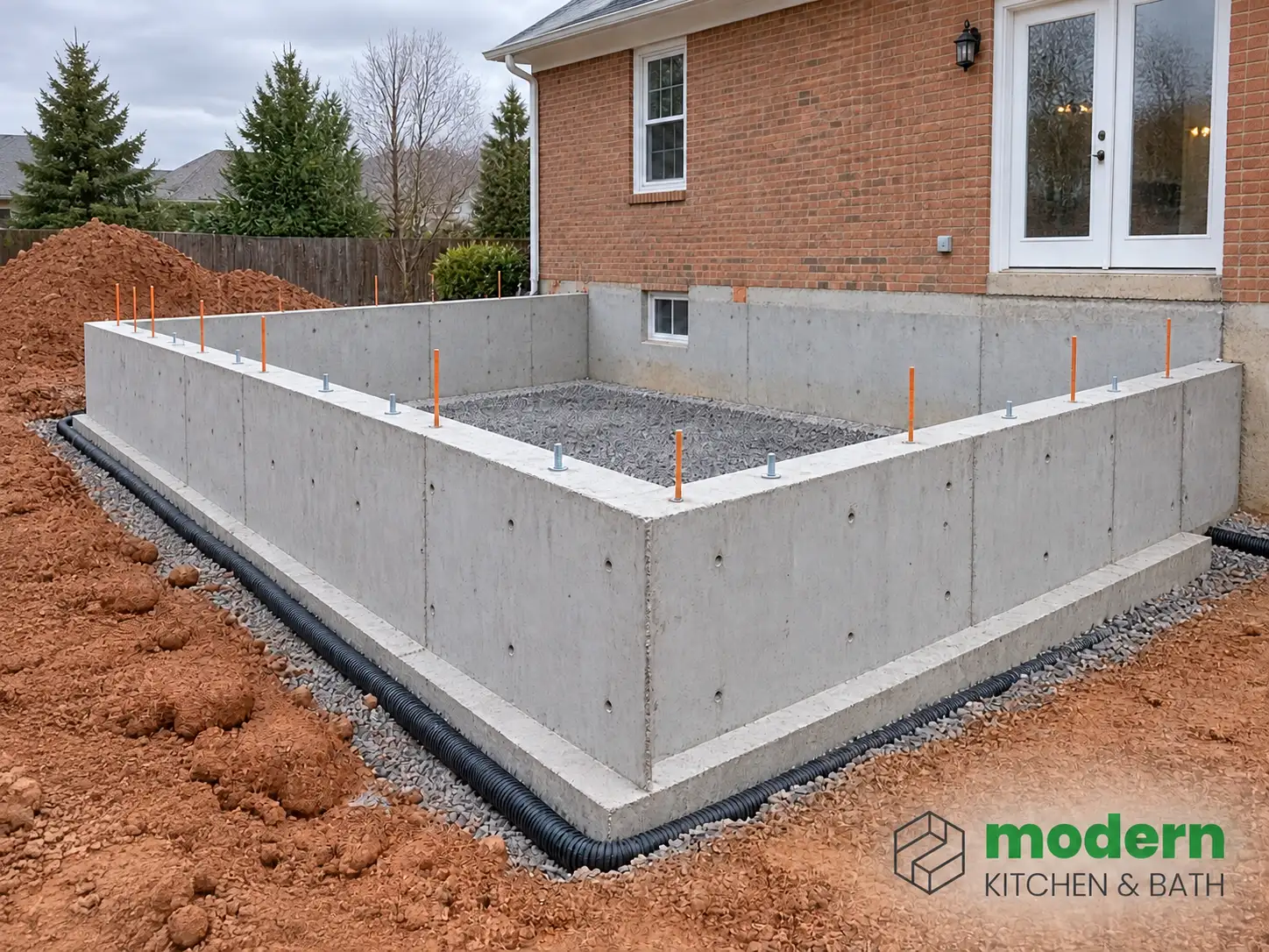 Poured concrete foundation and footings for a home addition in Northern Virginia