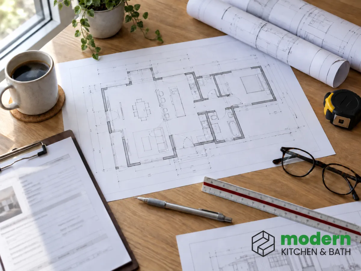 Architectural drawings and permit paperwork spread on a table during remodel planning