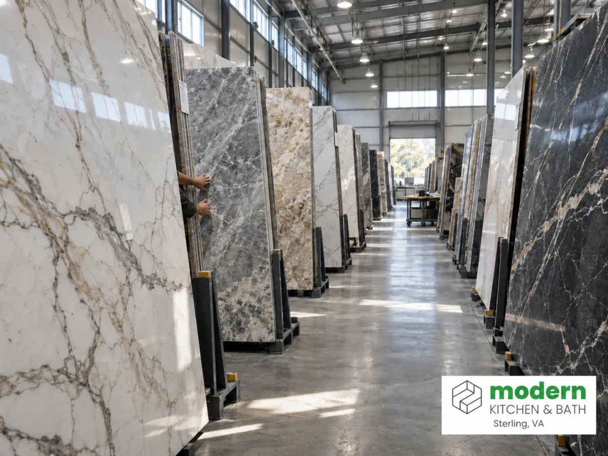 Full stone slabs standing in a fabricator warehouse where homeowners select their material
