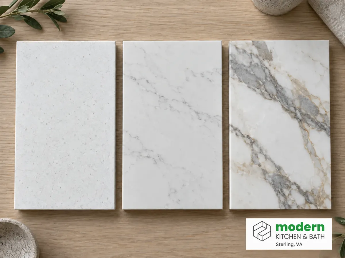 Three quartz samples showing plain speckle, light veining and bold marble-look veining