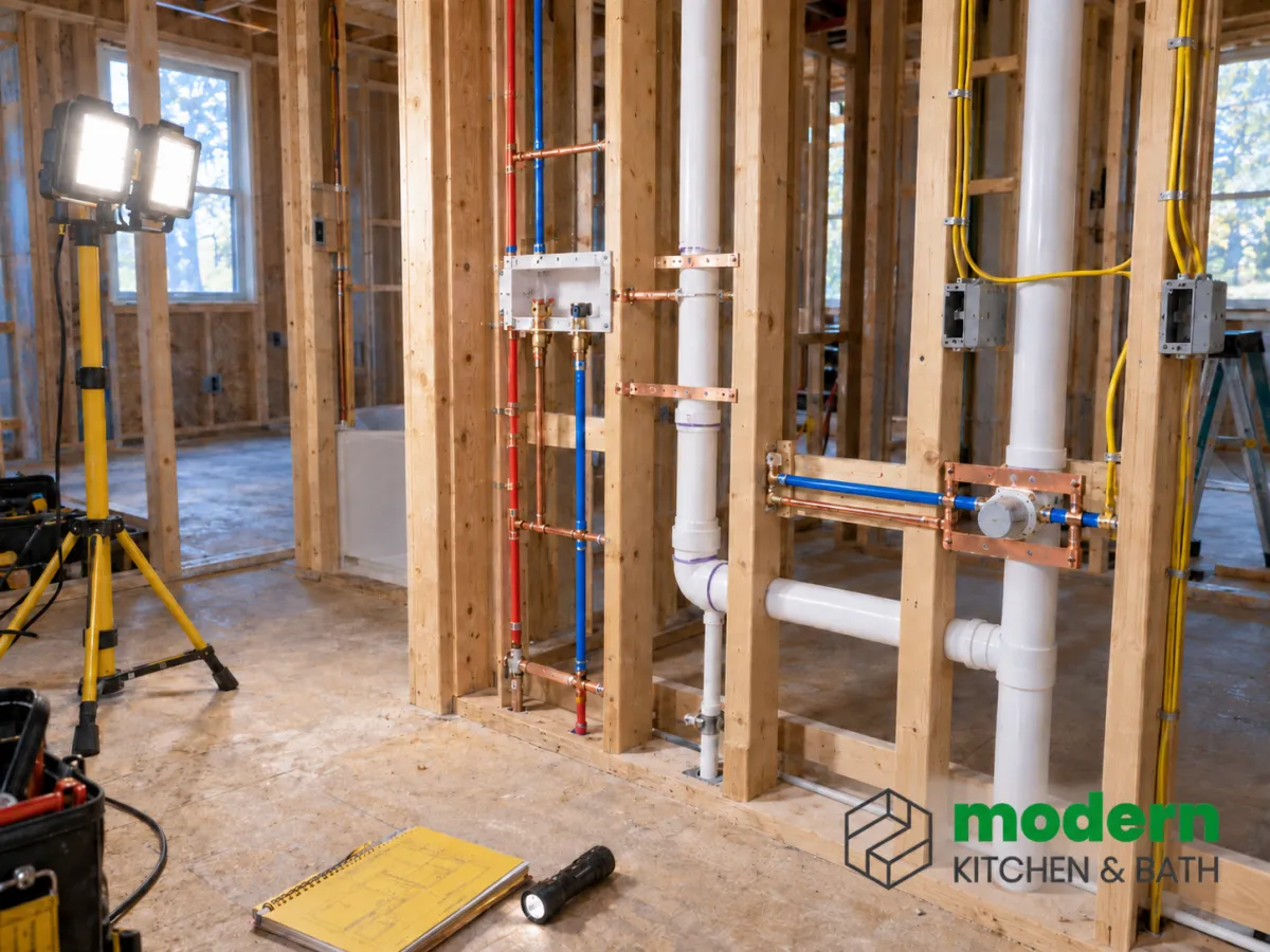 Rough-in electrical and plumbing visible in open stud walls awaiting inspection