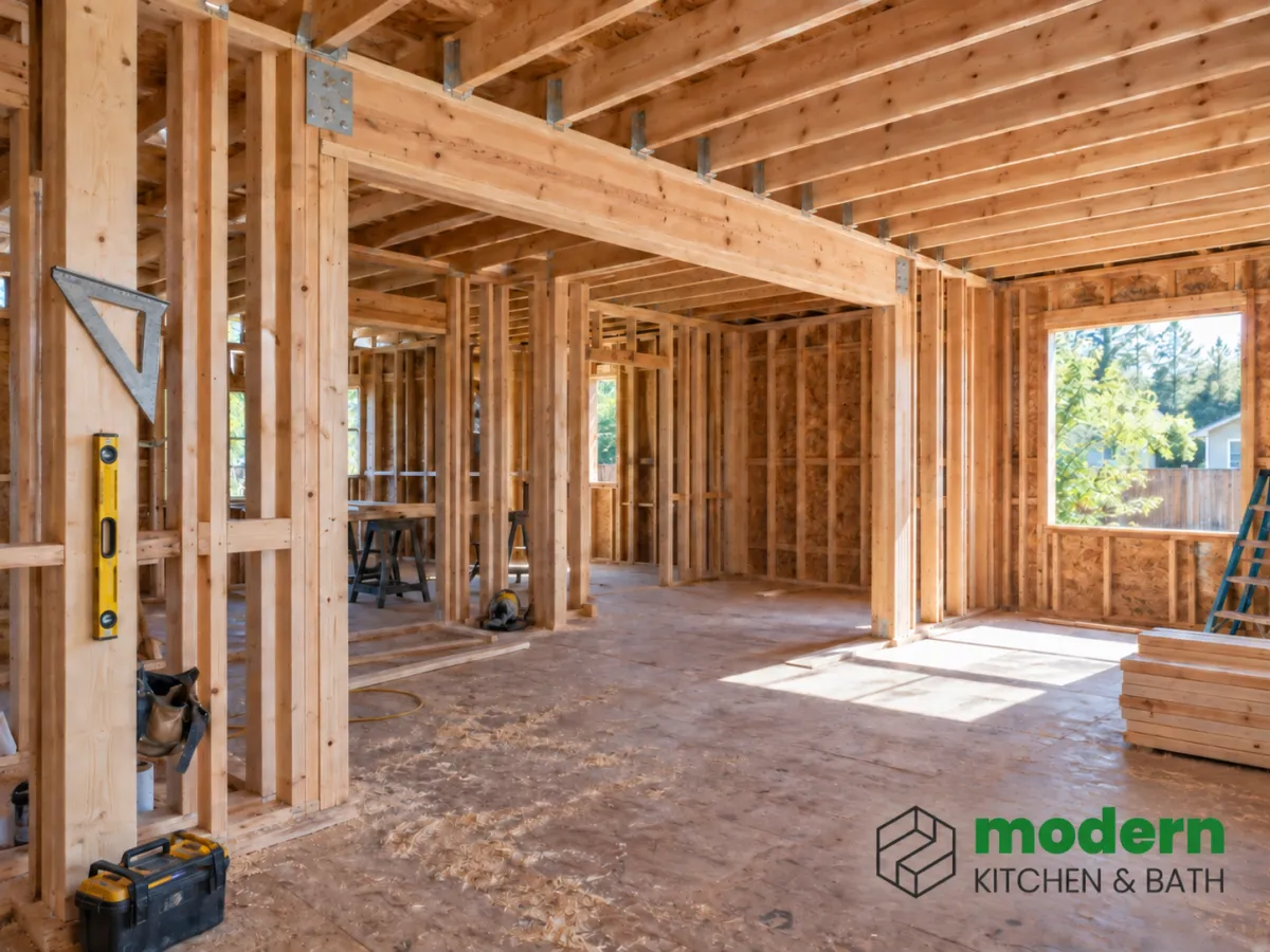 New framing and header in a home addition ready for framing inspection