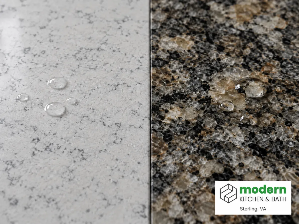 Close comparison of engineered quartz and natural granite countertop surfaces