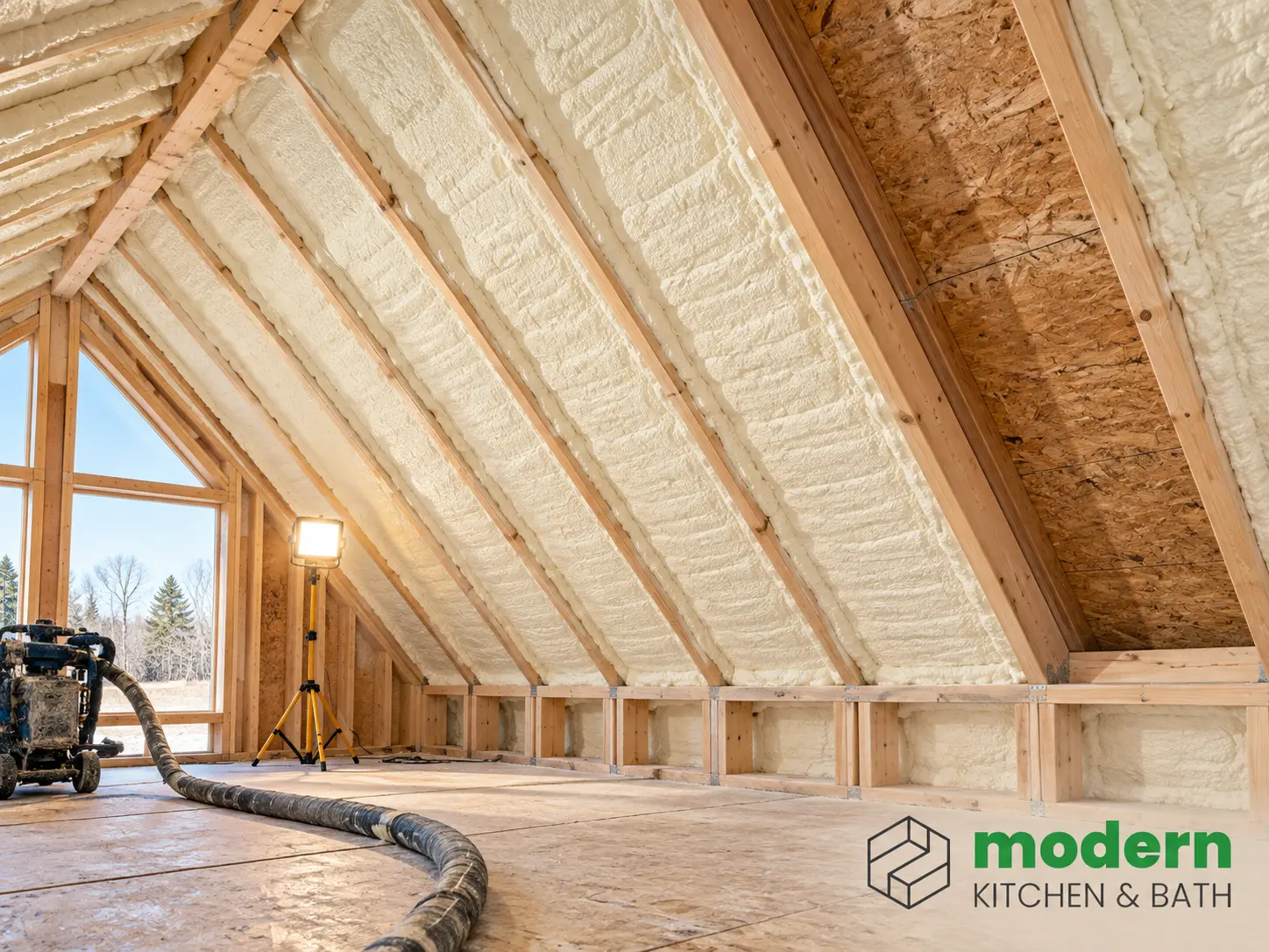 Closed-cell spray foam insulation applied between shallow roof rafters to meet Virginia R-60 requirements