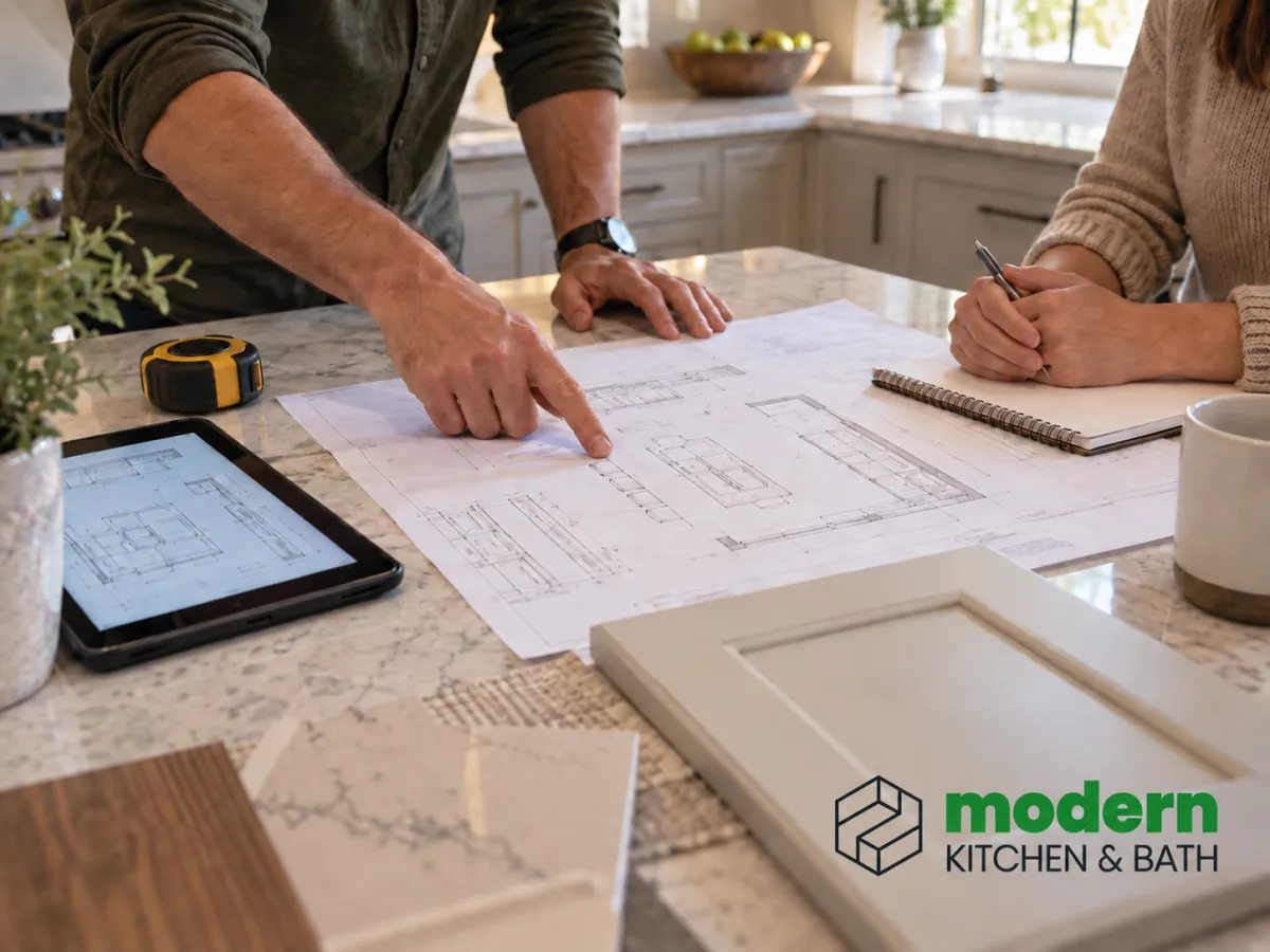 Contractor and homeowner reviewing remodel plans together at a kitchen table