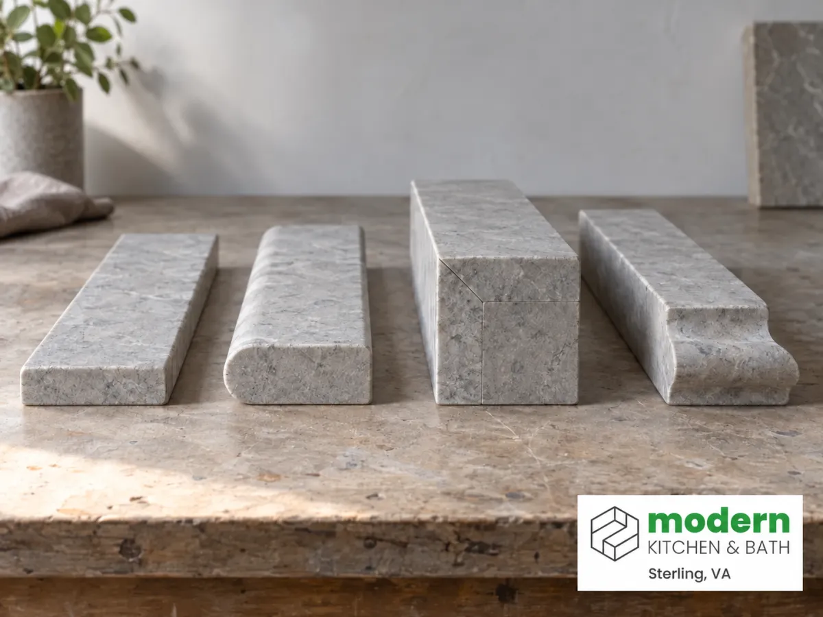 Countertop edge profile samples showing eased, bullnose, mitered and ogee edges