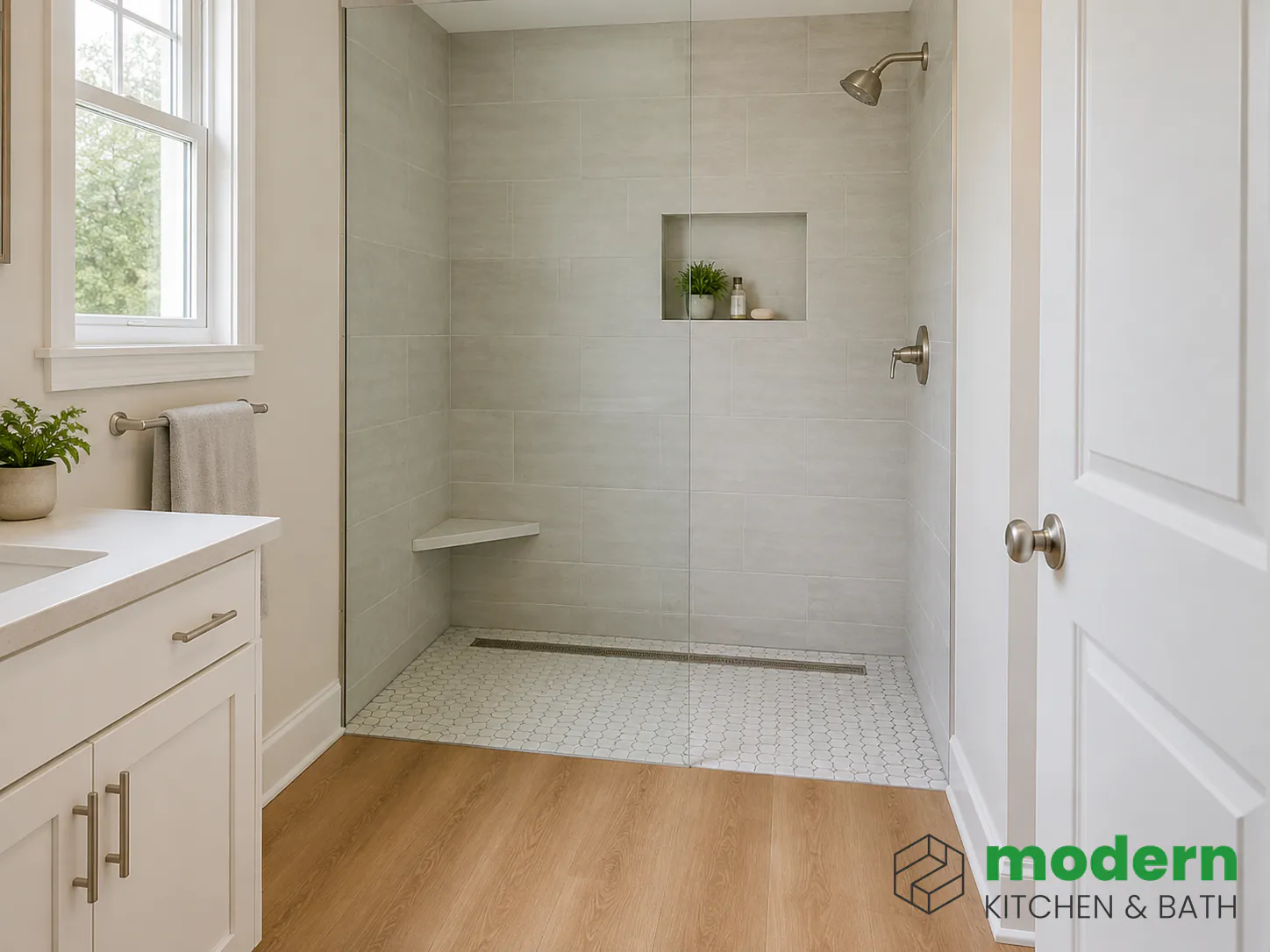 Curbless walk-in shower installed where a bathtub used to be in a Northern Virginia bathroom
