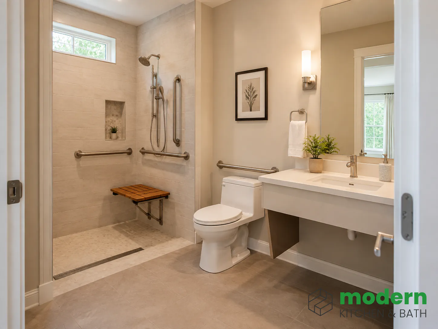 Accessible bathroom with curbless shower, grab bars, fold-down bench, and comfort height toilet