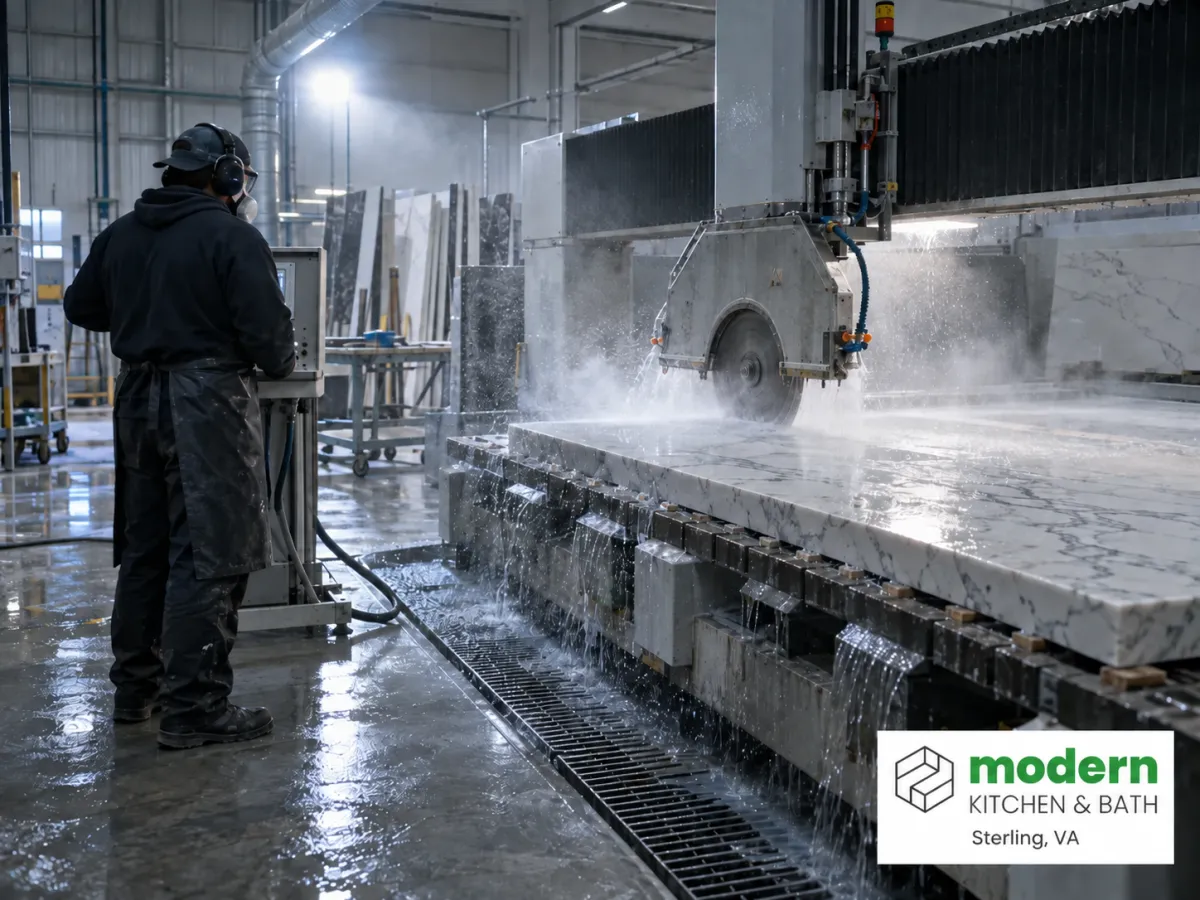 Stone fabricator wet cutting a slab with water suppression to control silica dust