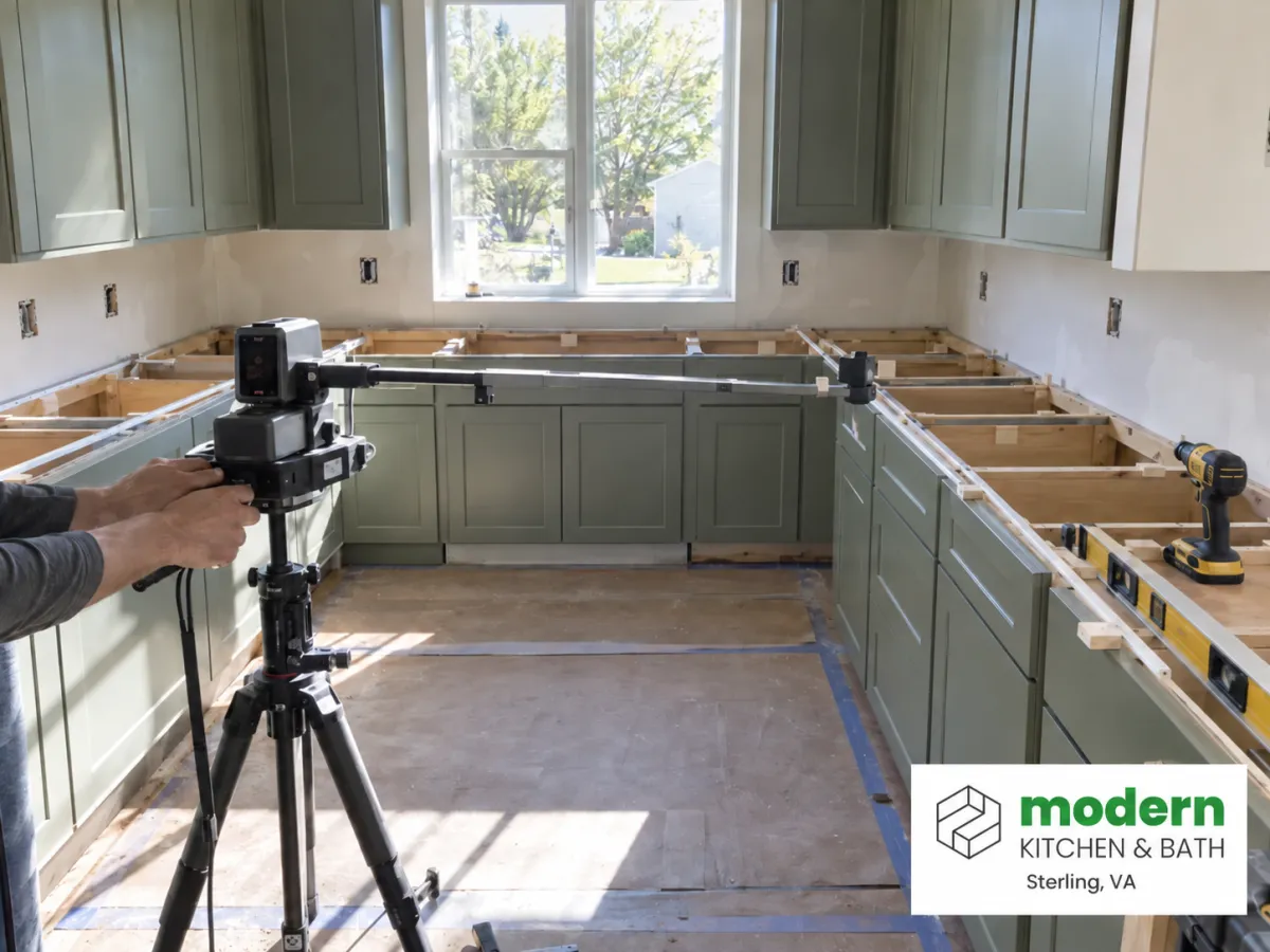 Digital laser templating of installed kitchen cabinets before countertop fabrication