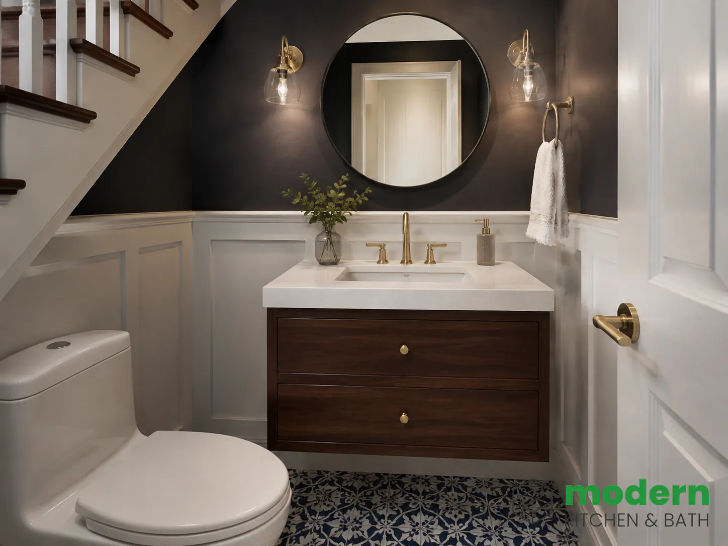 Updated powder room with floating vanity and patterned tile in a Northern Virginia home