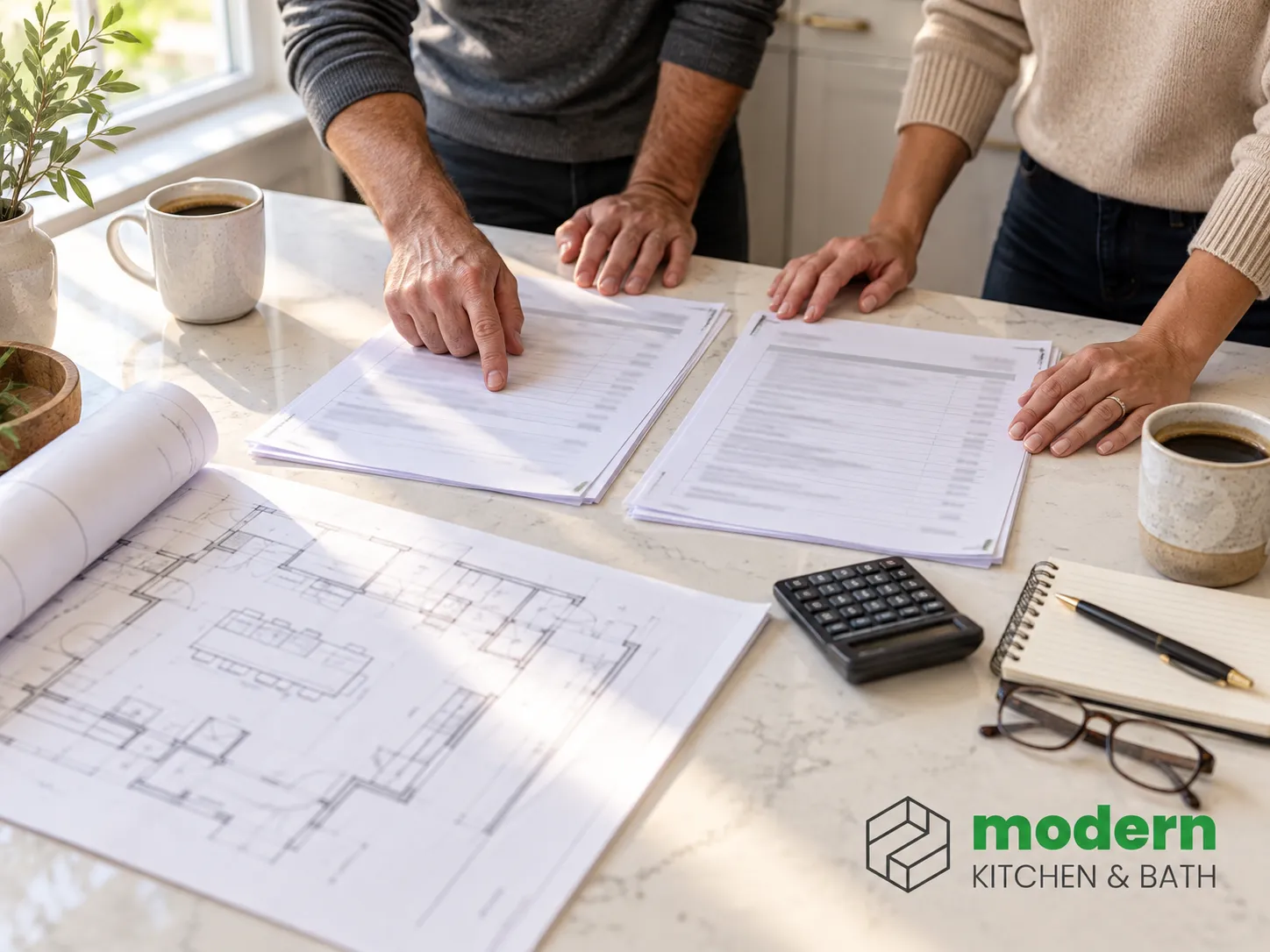 Homeowner and contractor comparing home addition bids and drawings at a kitchen table