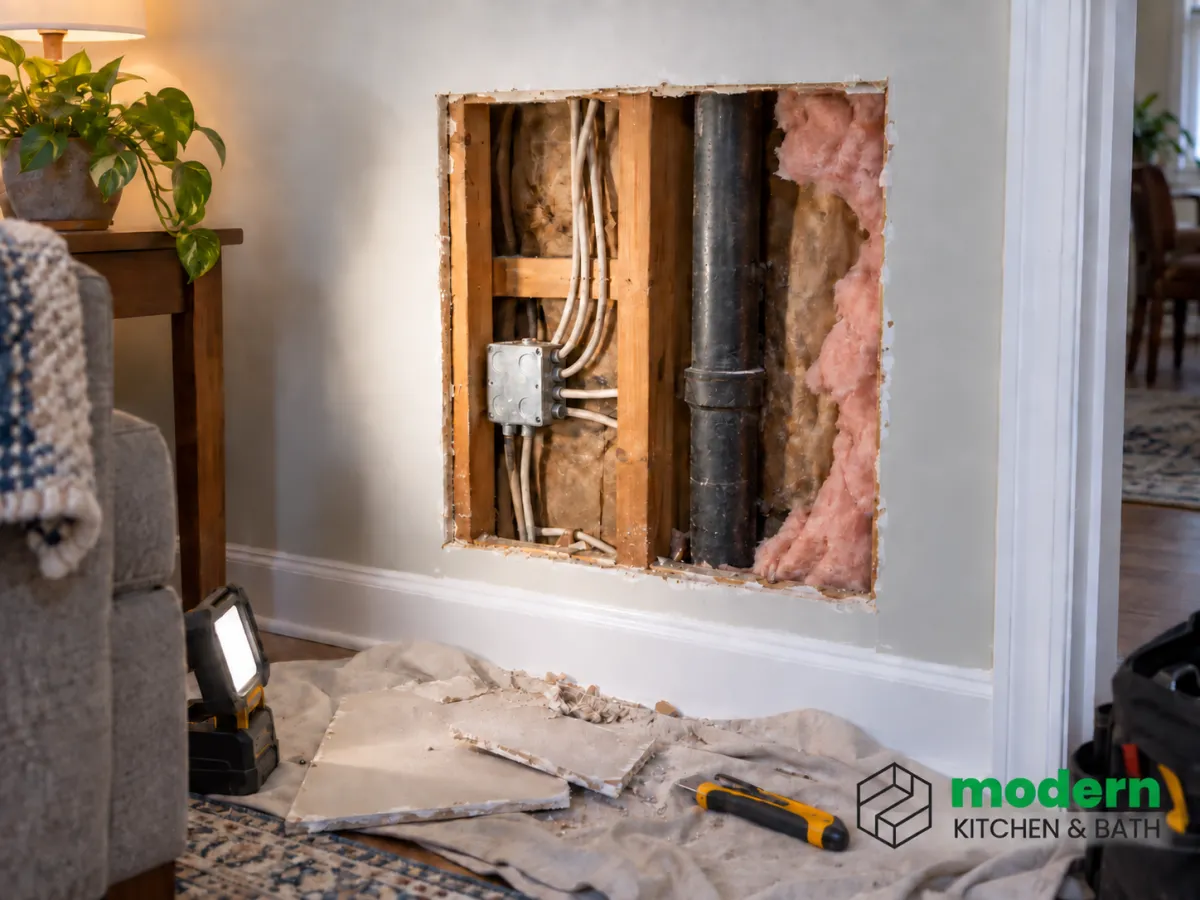 Finished wall opened to expose previously hidden wiring and plumbing for inspection