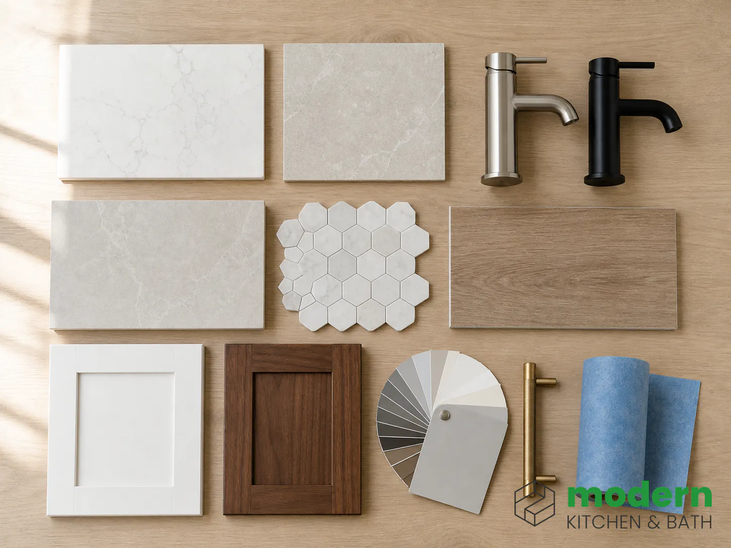 Bathroom vanity, quartz countertop, tile, and fixture samples laid out for selection