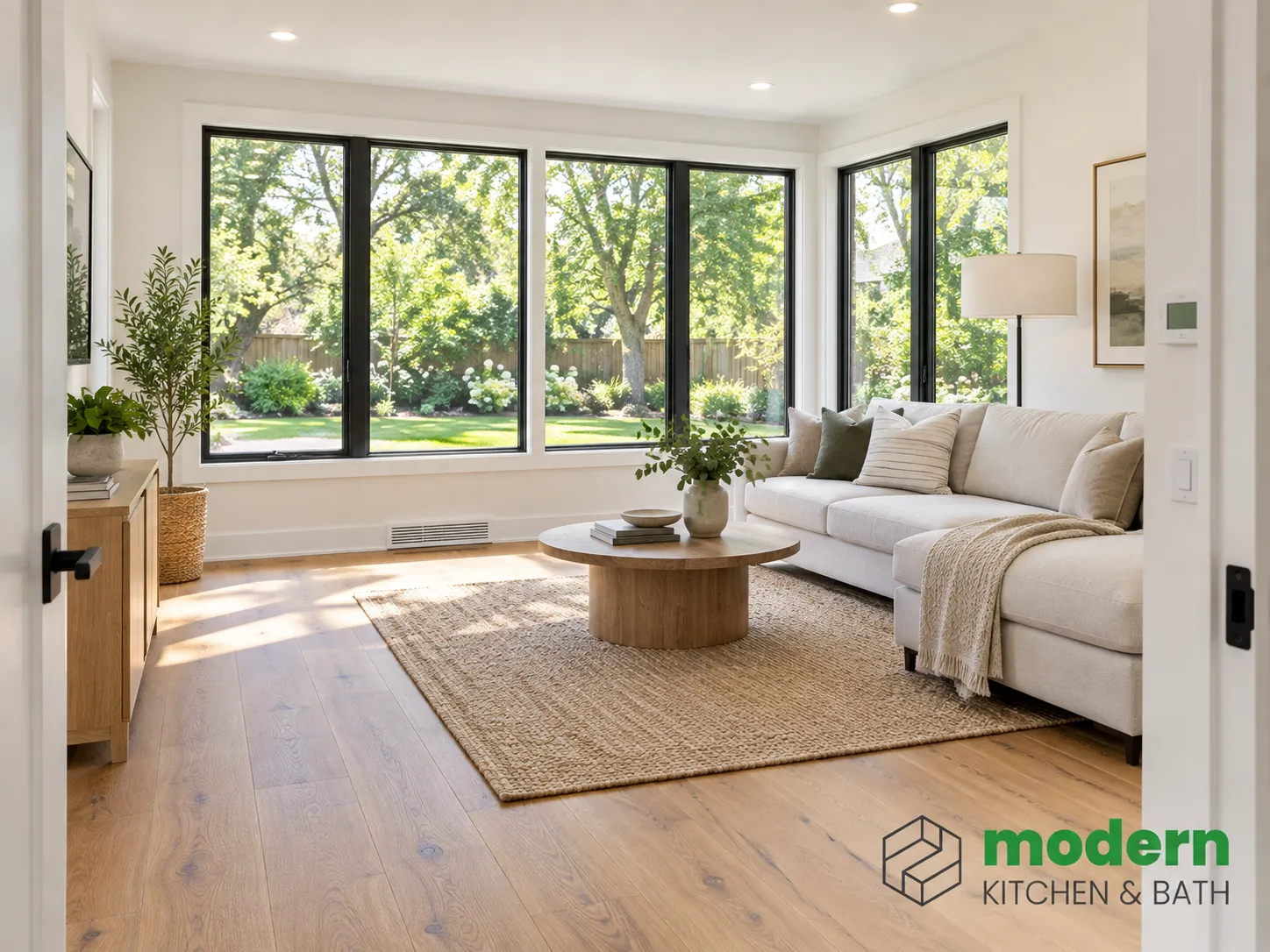 Finished family room addition interior with new windows and hardwood flooring