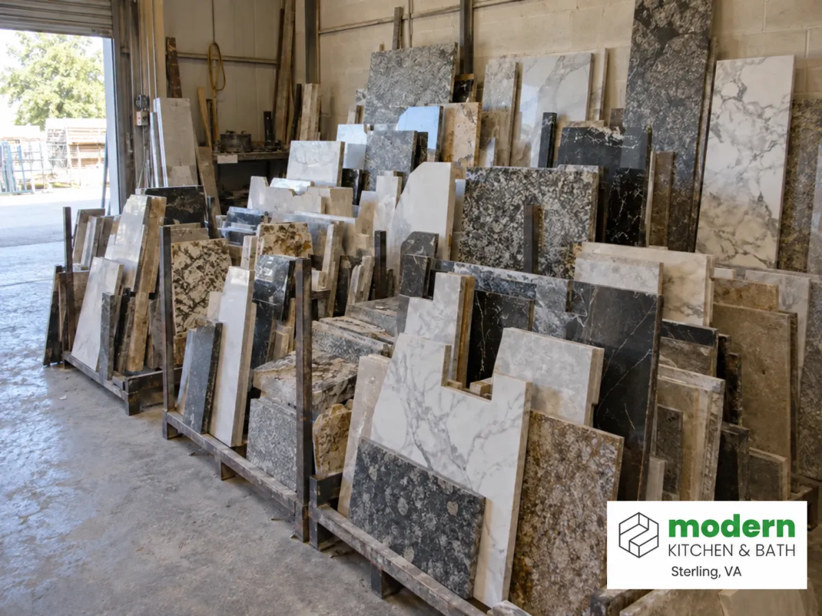 Stone remnants from previous jobs stored upright for smaller countertop projects