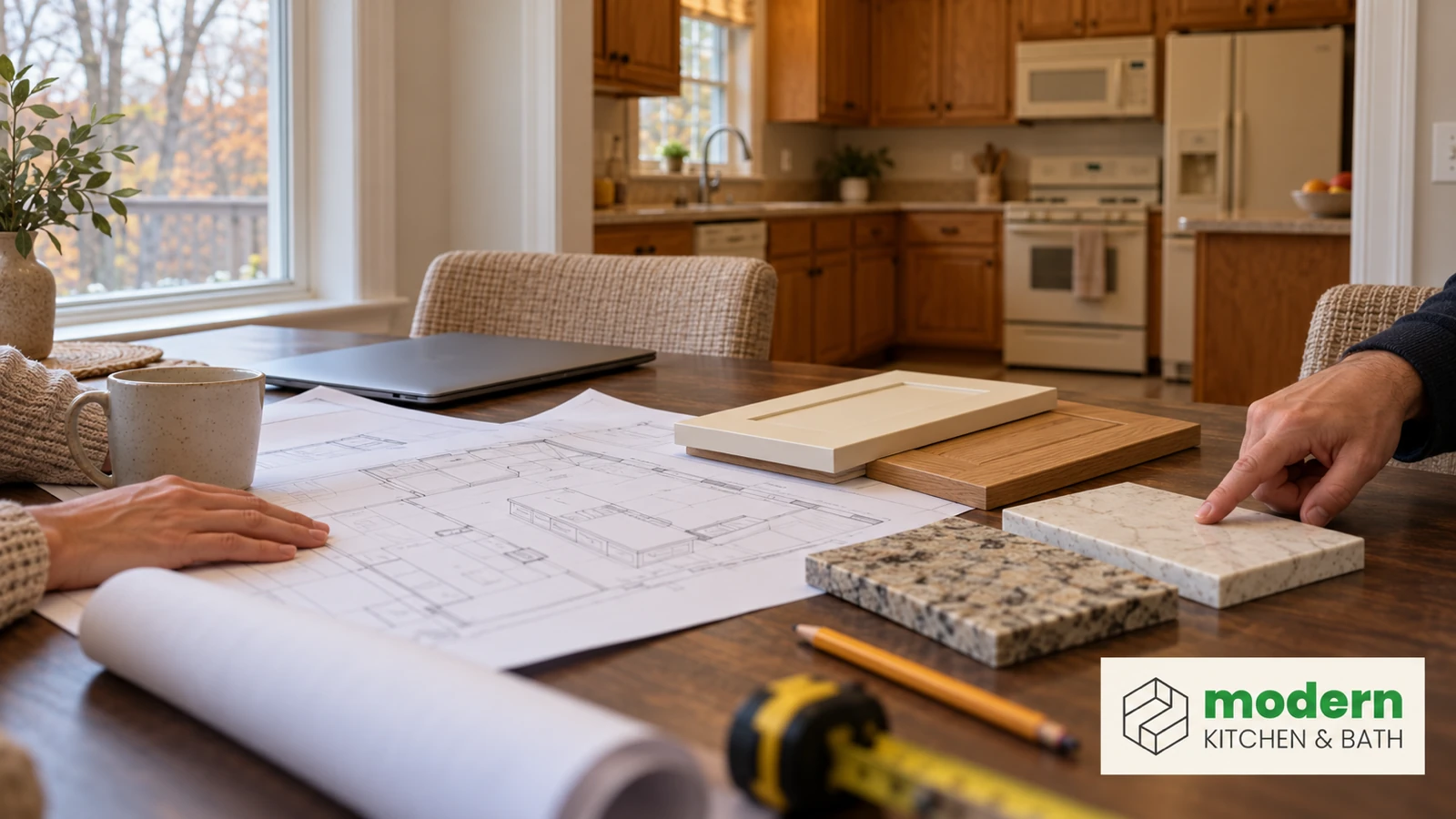 Homeowners reviewing kitchen remodel plans and material samples at a dining table, with their dated oak kitchen behind them