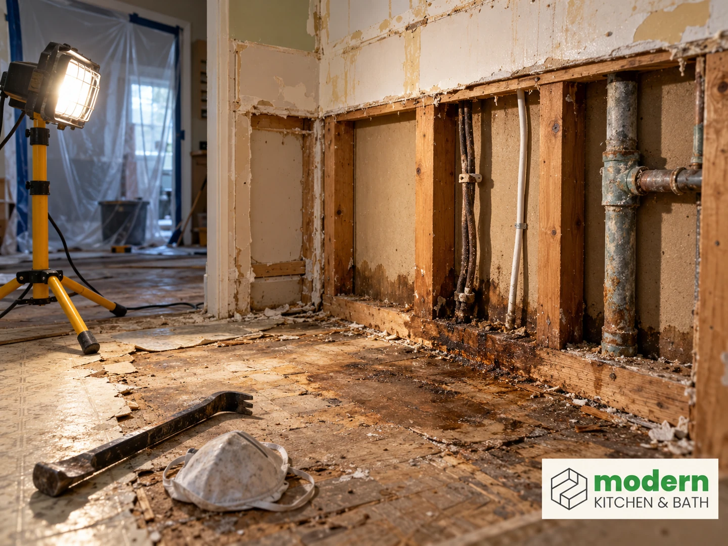 Kitchen mid-renovation with the wall opened to the studs, exposing old wiring, corroded galvanised pipe and a water-damaged subfloor