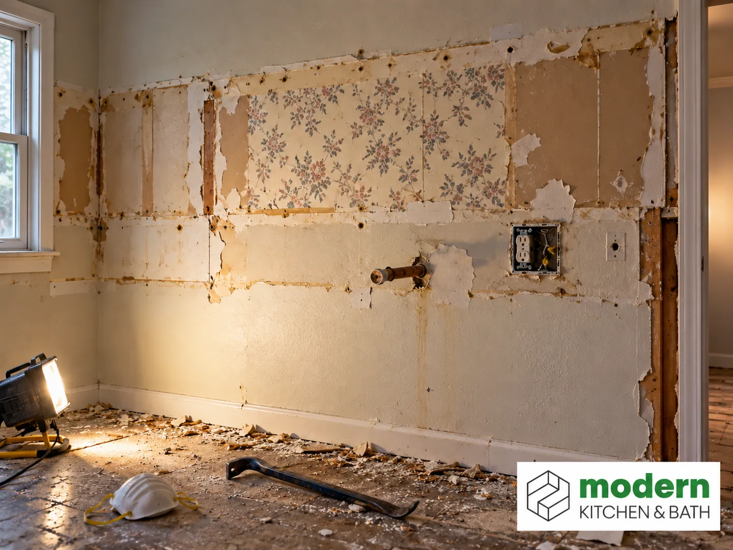 Wall revealed after old kitchen cabinets were removed, showing unpainted drywall and old plumbing