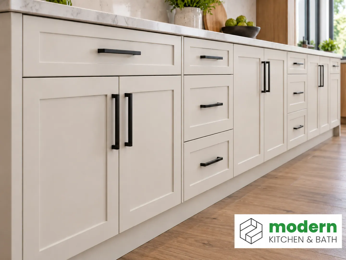 Completed run of kitchen cabinets with even gaps between every door and drawer front