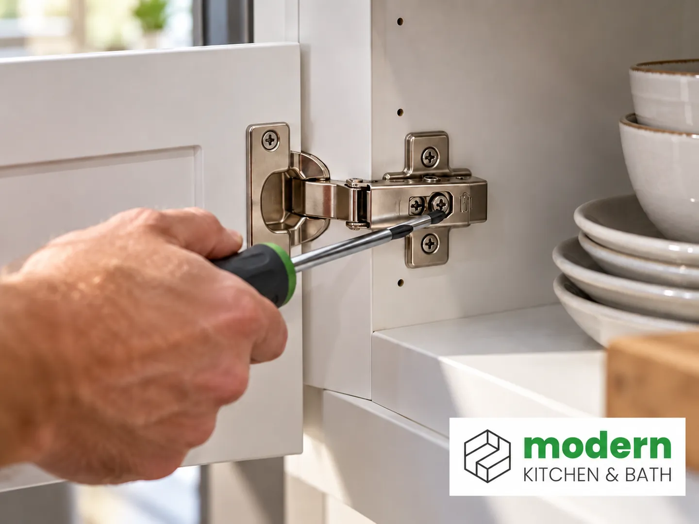 Adjusting a soft-close cabinet hinge with a screwdriver during final handover