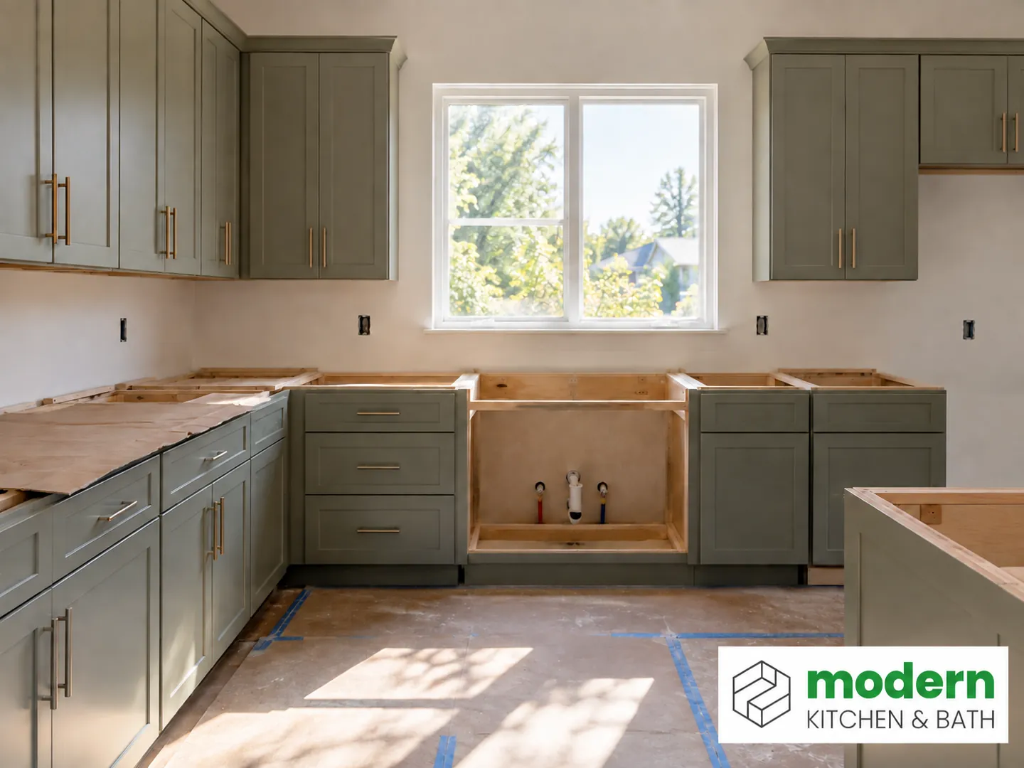 Installed base cabinets with open tops waiting for countertop templating